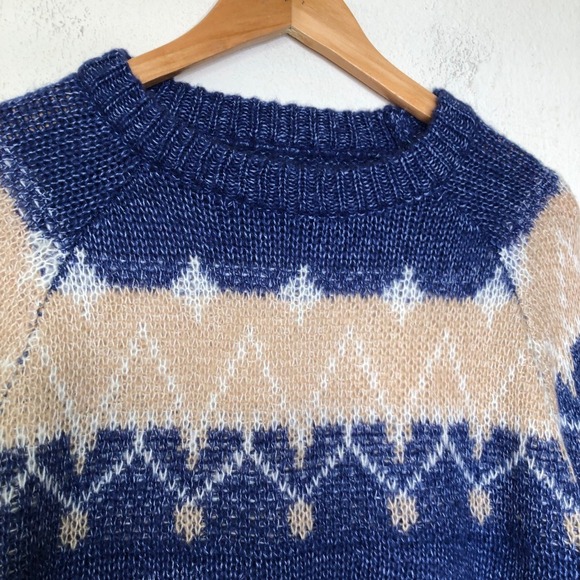 Mohair Knit Sweater XL Blue Beige Diamond Pattern Pullover Cozy Warm - Picture 7 of 14